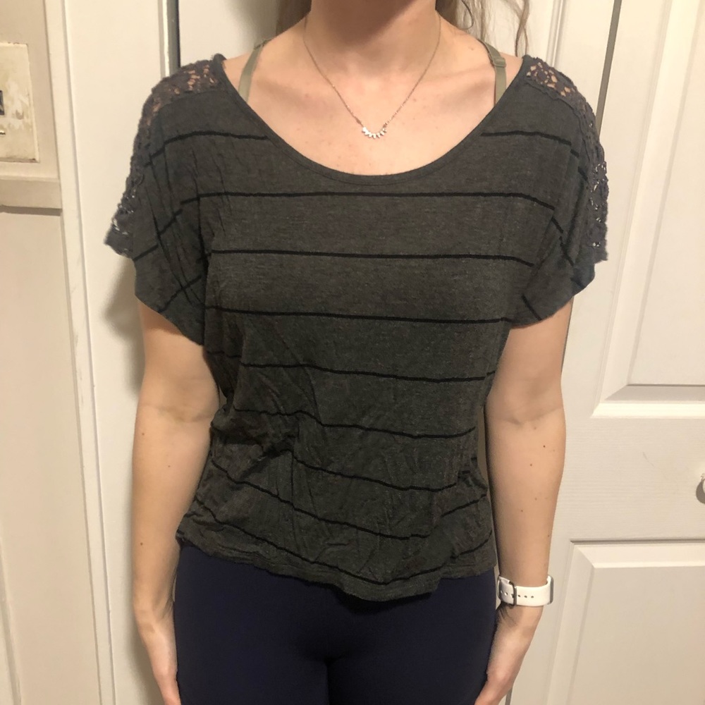 American Dream Medium Gray Striped Womens blouse Short Sleeves Round Neck